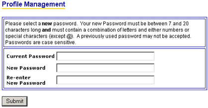 Profile Management: enter current password, new password, re-enter new password